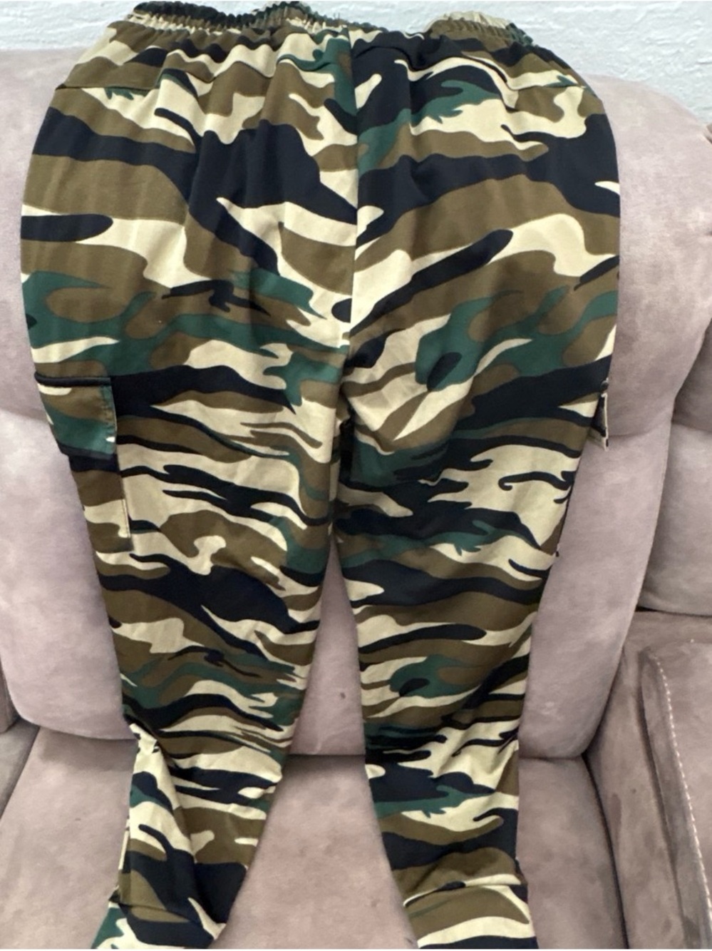 Camo Print Elastic Waist Cargo Pants - Green/Tan/Black